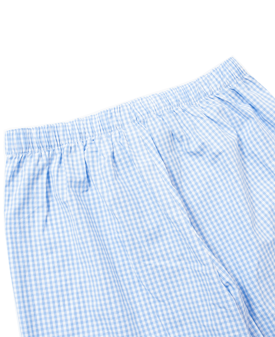Back view of the elastic waistband on the blue gingham mid-rise slim fit wide leg lounge pants, offering a comfortable fit for lounging or working from home.