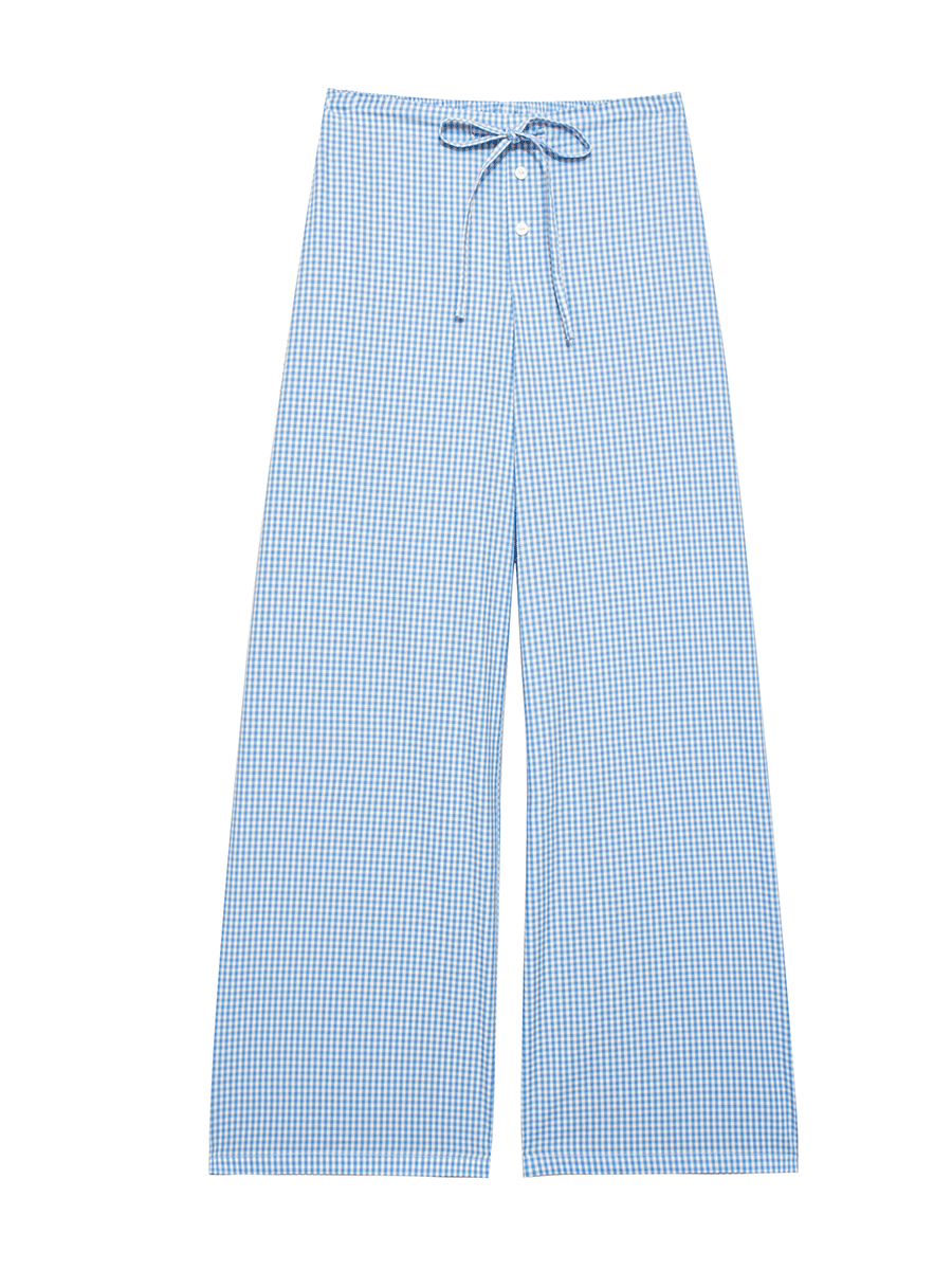 Full view of mid-rise slim fit wide leg lounge pants in blue gingham, designed for a put-together yet relaxed look, ideal for working from home or casual outings.