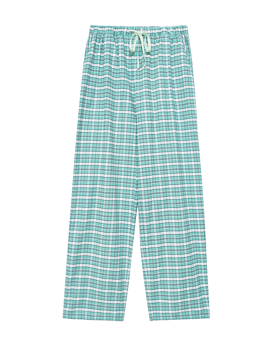 Full view of mid-rise pyjama bottoms in green plaid, crafted from 100% cotton Oxford, offering a relaxed fit for cozy lounging or sleeping.