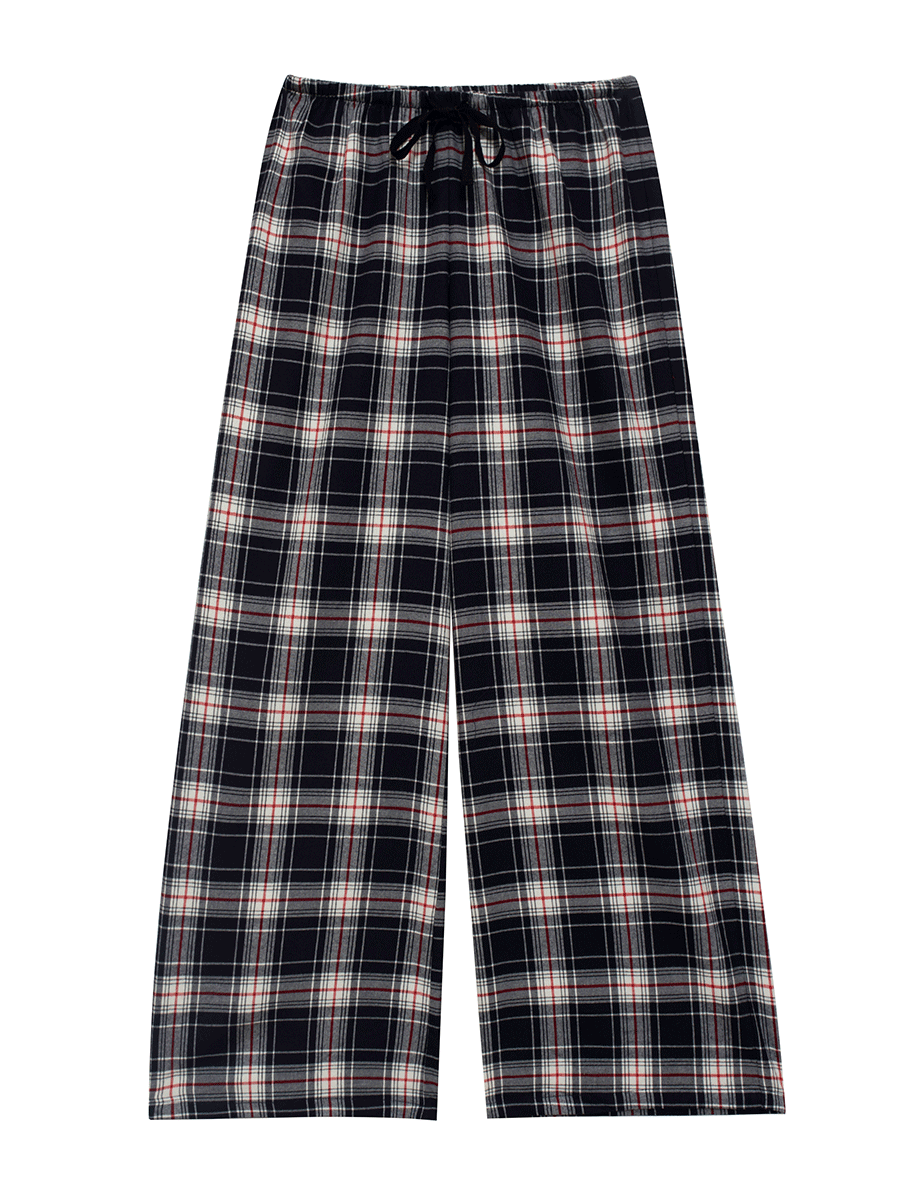Full view of low-rise wide leg lounge pants in deep navy and rich red plaid tartan, made from brushed cotton flannel, ideal for cool weather lounging or as cozy pyjama bottoms.