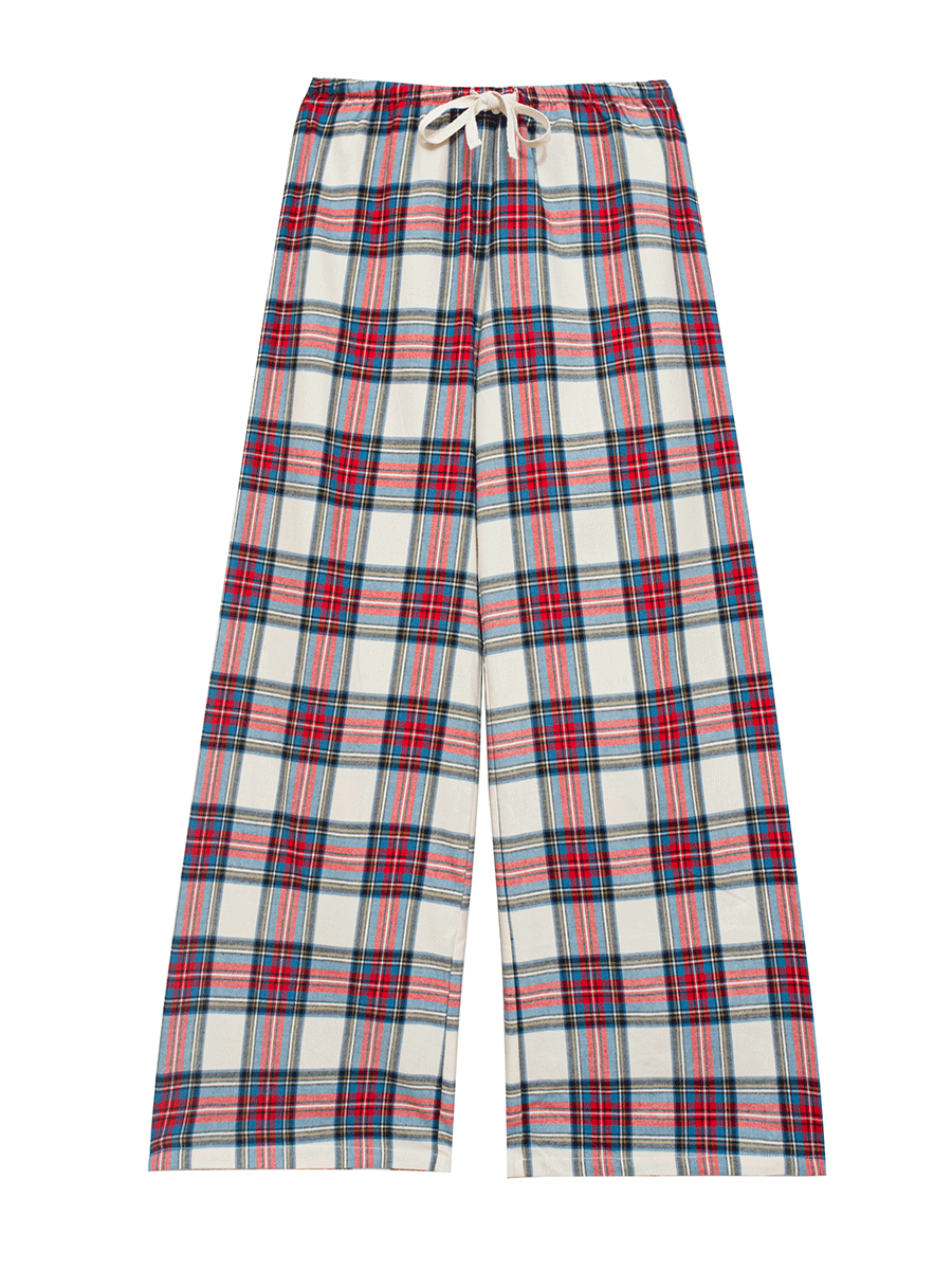 Full view of low-rise wide leg lounge pants in red and cream plaid tartan, crafted from 100% brushed cotton flannel, ideal for lounging or sleeping in cool weather.