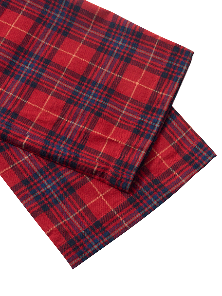 Hem detail of red tartan brushed cotton pyjama pants for warmth.