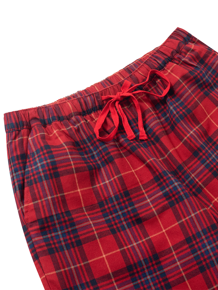 Waistband, drawstring, pocket details of red plaid tartan brushed cotton winter pyjama pants.