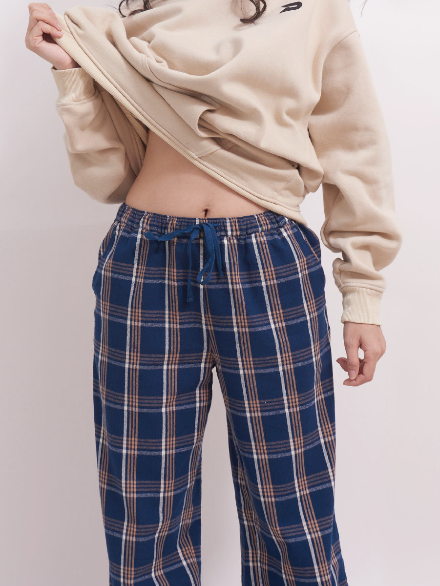 Elasticated drawstring waistband on blue plaid brushed cotton pyjama bottoms, 29 and 31 inch inseams, perfect for winter.