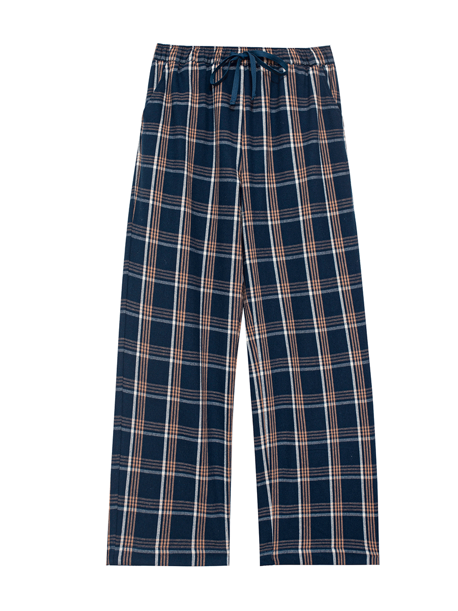 Full view of blue plaid tartan brushed cotton pyjama bottoms with pockets, best for winter, 29 and 31 inch inseams.