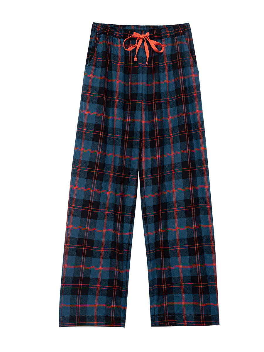 Full view of royal blue plaid pyjama bottoms for winter, made from brushed cotton.