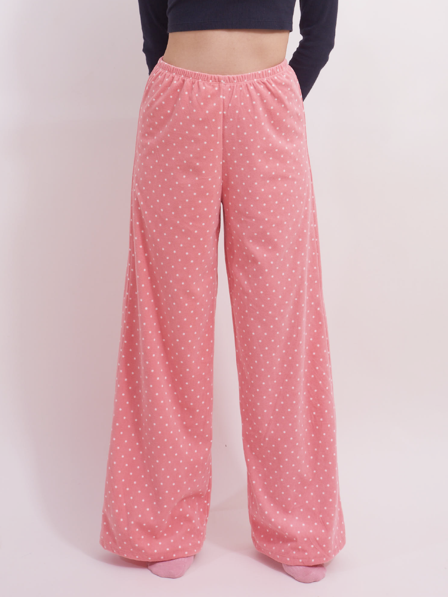 cosy pink polka dot fleece lounge pants, high-rise and warm for winter.