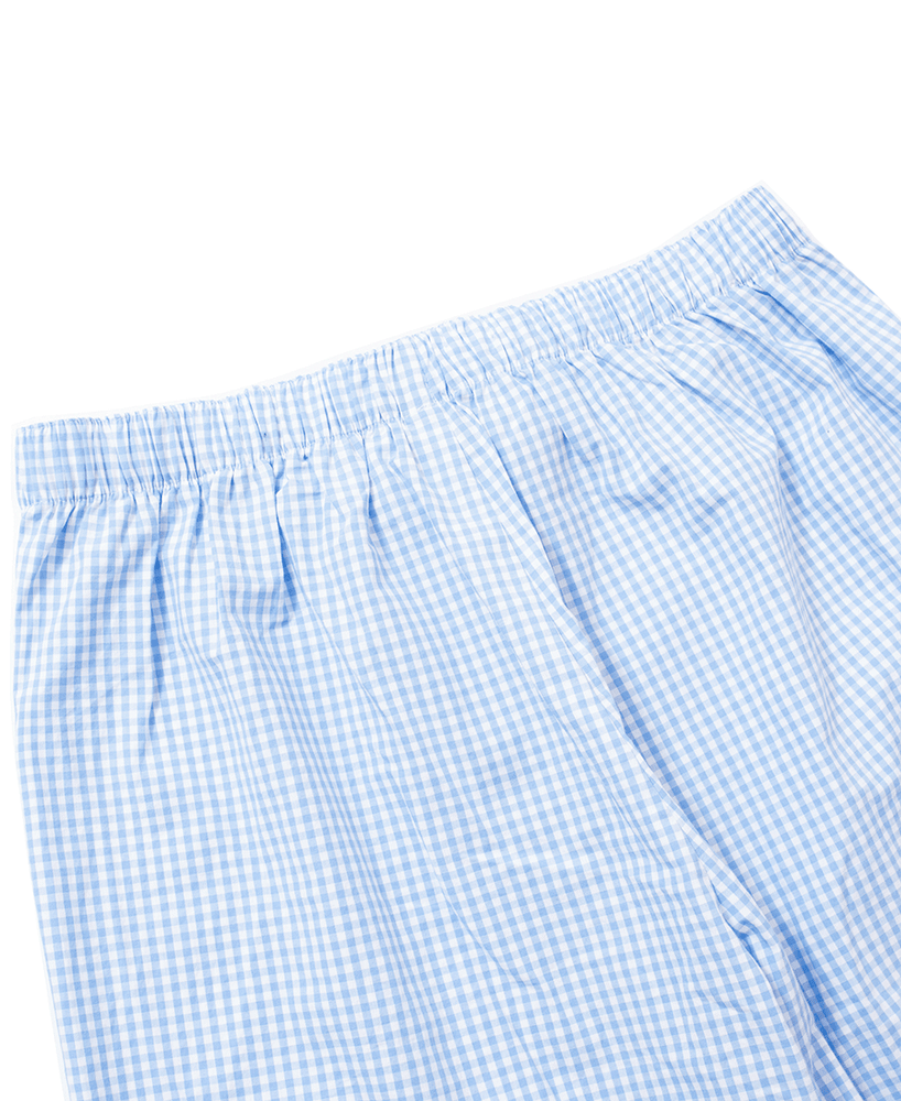 
                                            
                                                Back view of the elastic waistband on the blue gingham mid-rise slim fit wide leg lounge pants, offering a comfortable fit for lounging or working from home.
                                            
                                        