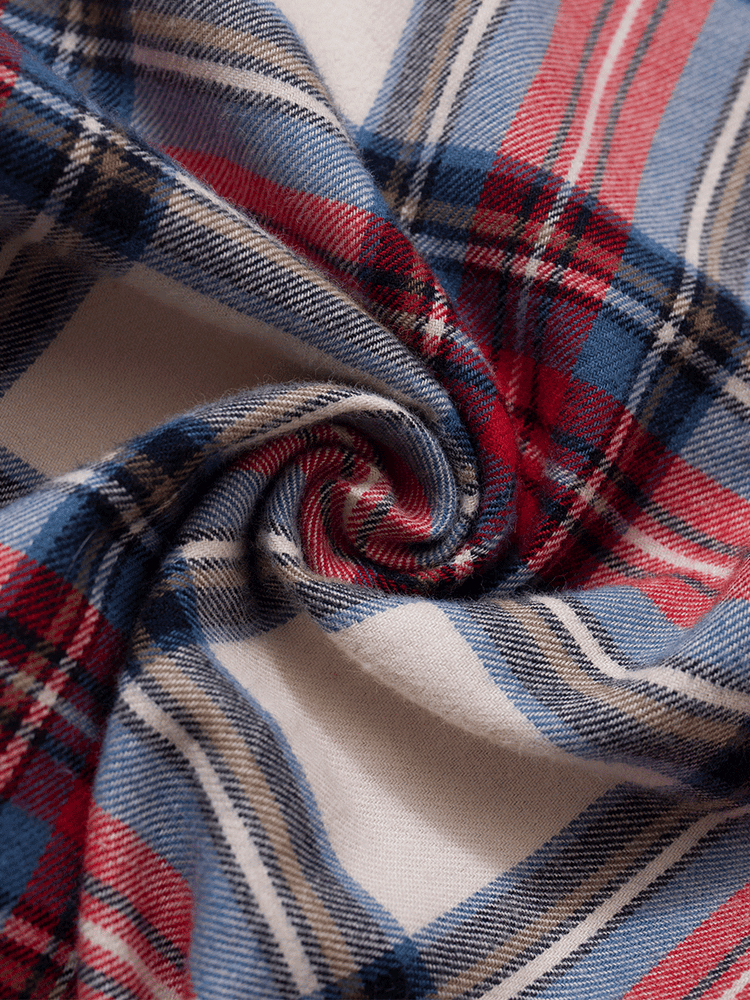 
                                            
                                                Close-up of the brushed cotton flannel fabric in red and cream plaid tartan, showing the texture and pattern used in these low-rise lounge pants.

                                            
                                        