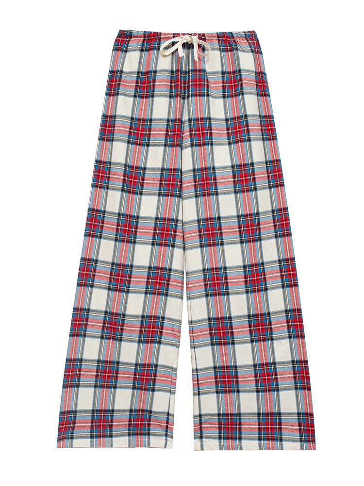 
                                            
                                                Full view of low-rise wide leg lounge pants in red and cream plaid tartan, crafted from 100% brushed cotton flannel, ideal for lounging or sleeping in cool weather.
                                            
                                        