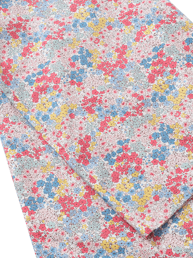 
                                            
                                                Close-up of the hemline on low-rise wide leg lounge pants in pastel pink ditsy floral print, highlighting the fine stitching and soft, lightweight 100% cotton poplin fabric.
                                            
                                        