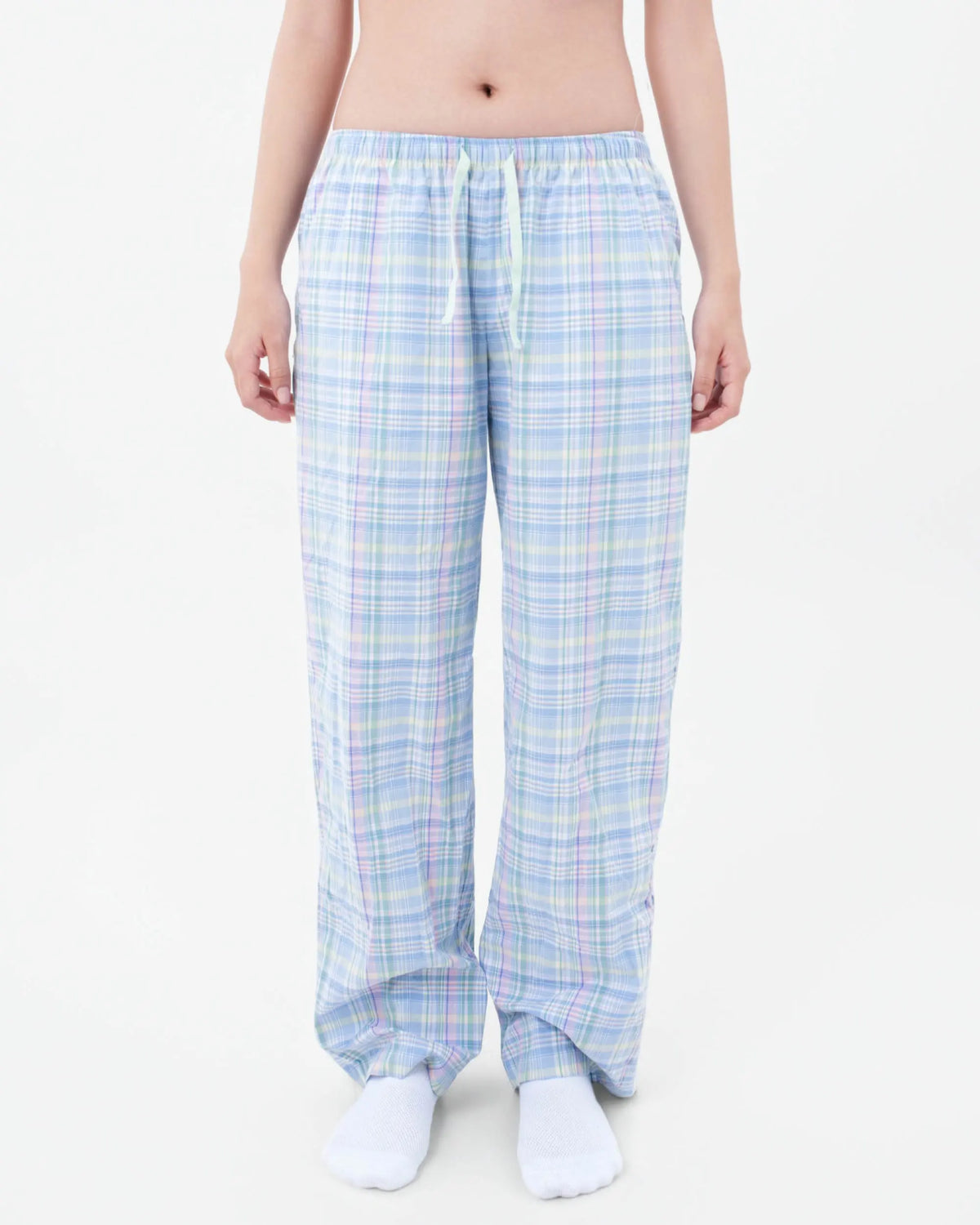 Front fit of Classic Low Rise powder blue and pink tartan plaid pyjama bottoms