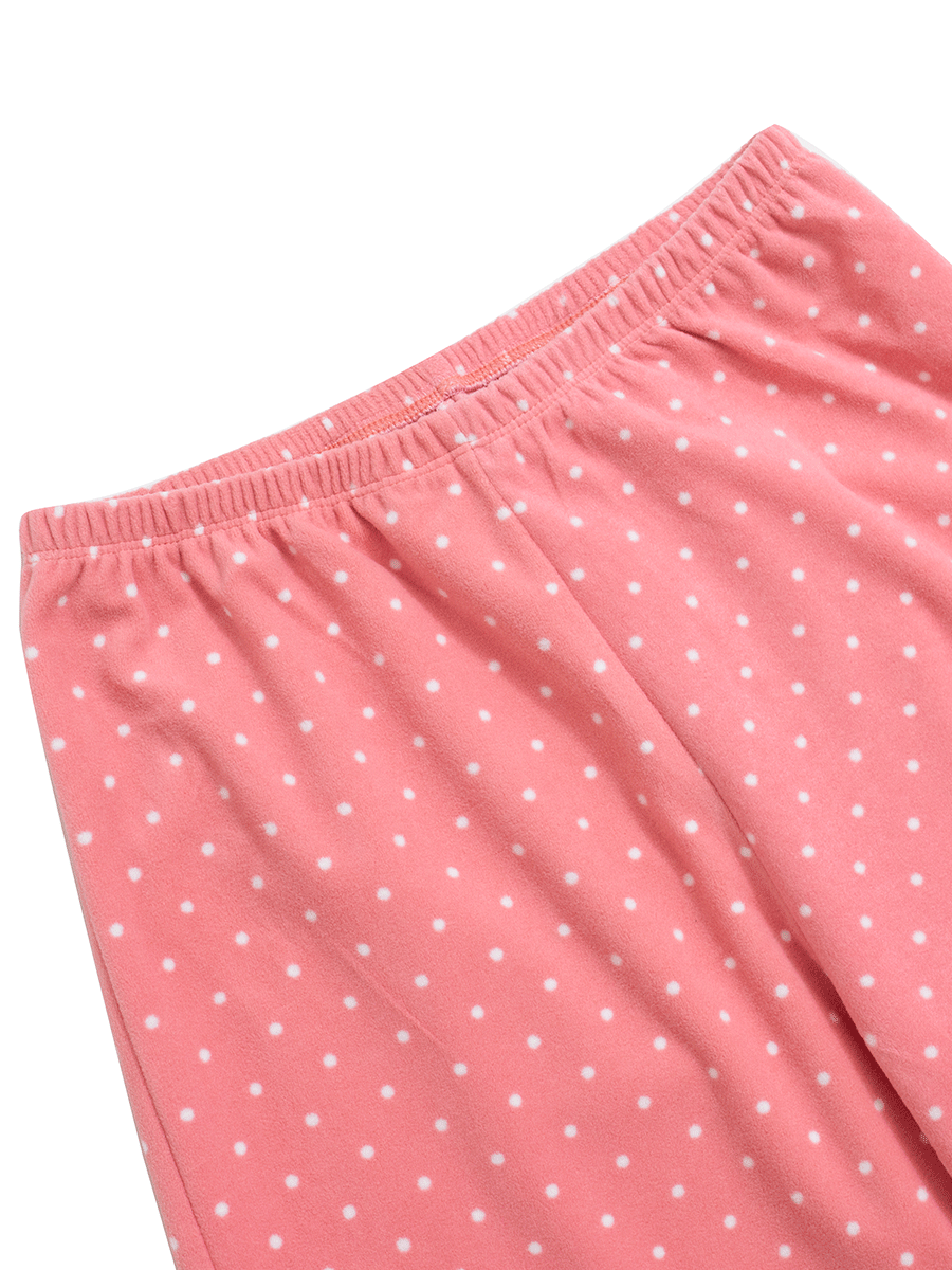  Close-up of elastic waistband on pink polka dot fleece lounge pants, high-rise for comfort.