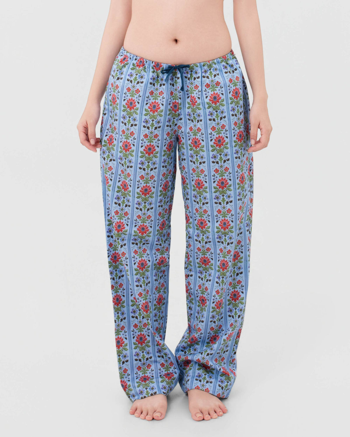 Front view of SleepyPants Lounge Low Rise blue floral stripe cotton poplin pyjama bottoms