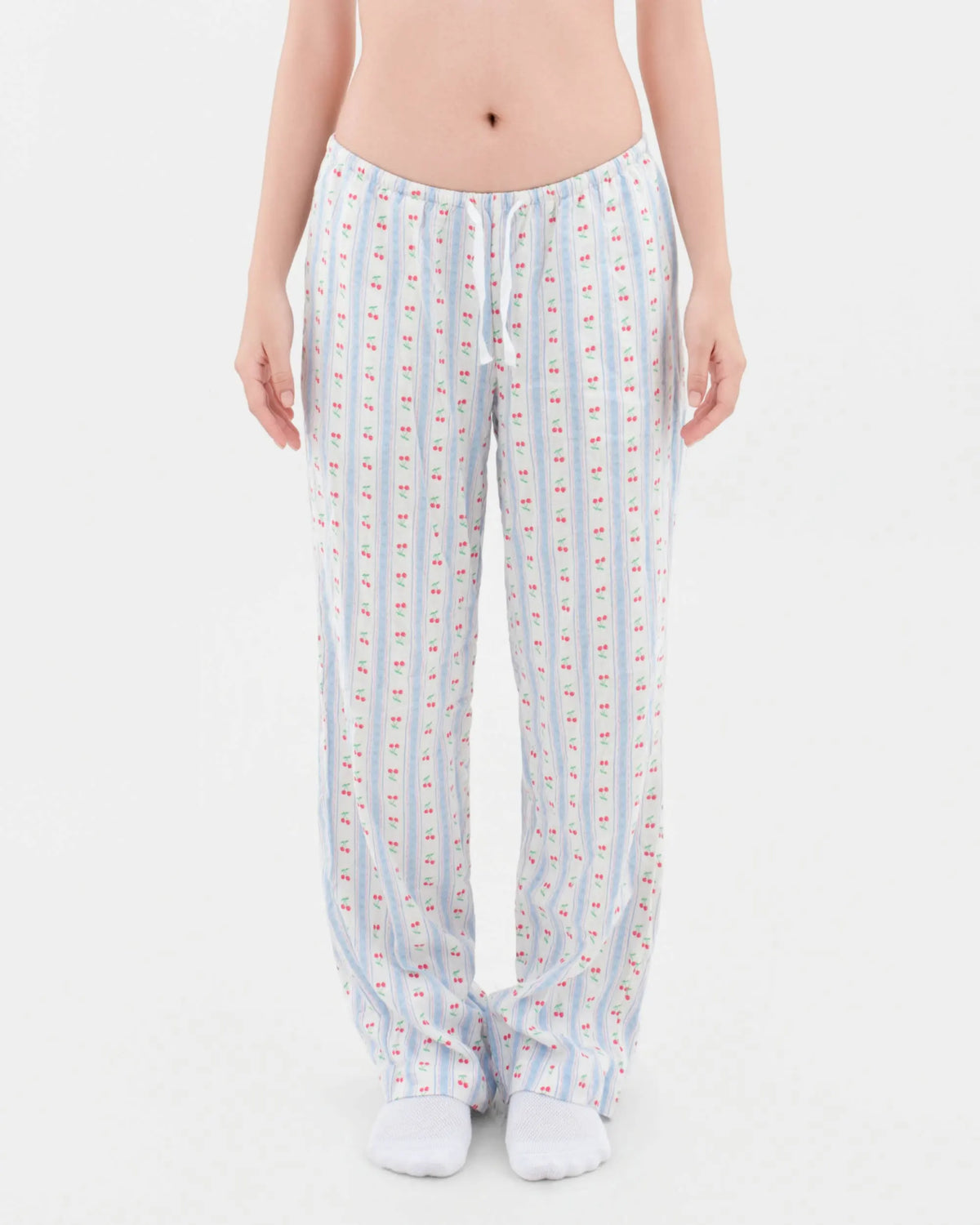 Front view of SleepyPants Lounge Low Rise cherry-print blue-stripe linen pyjama bottoms