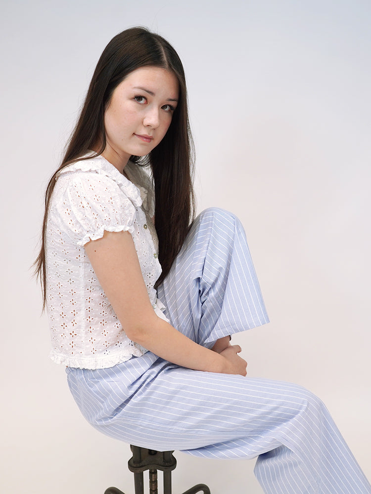 
                                            
                                                LOW-RISE WIDE-LEG Lounge Pants in Light Blue Pinstripe
                                            
                                        
