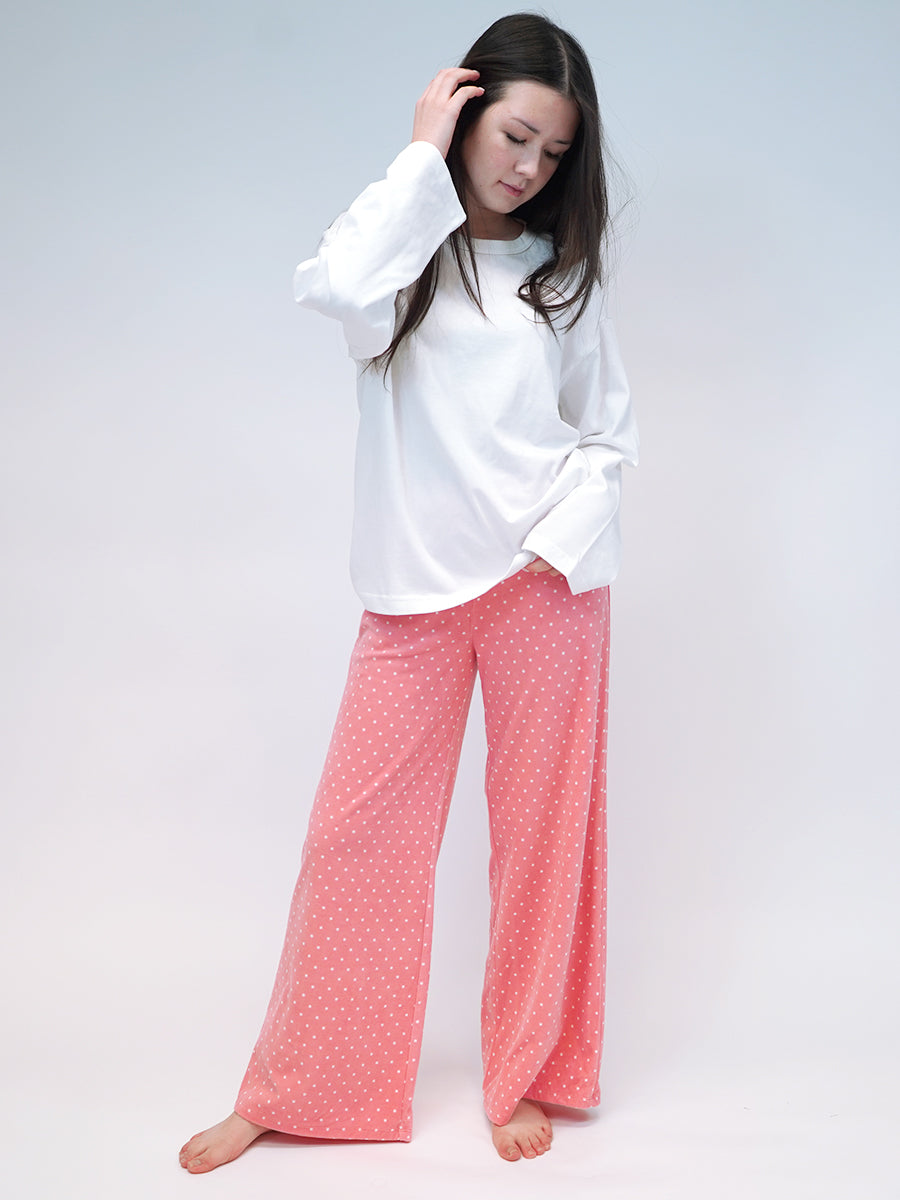 HIGH-RISE WIDE-LEG Pyjama Bottom in Peach Polka Dot