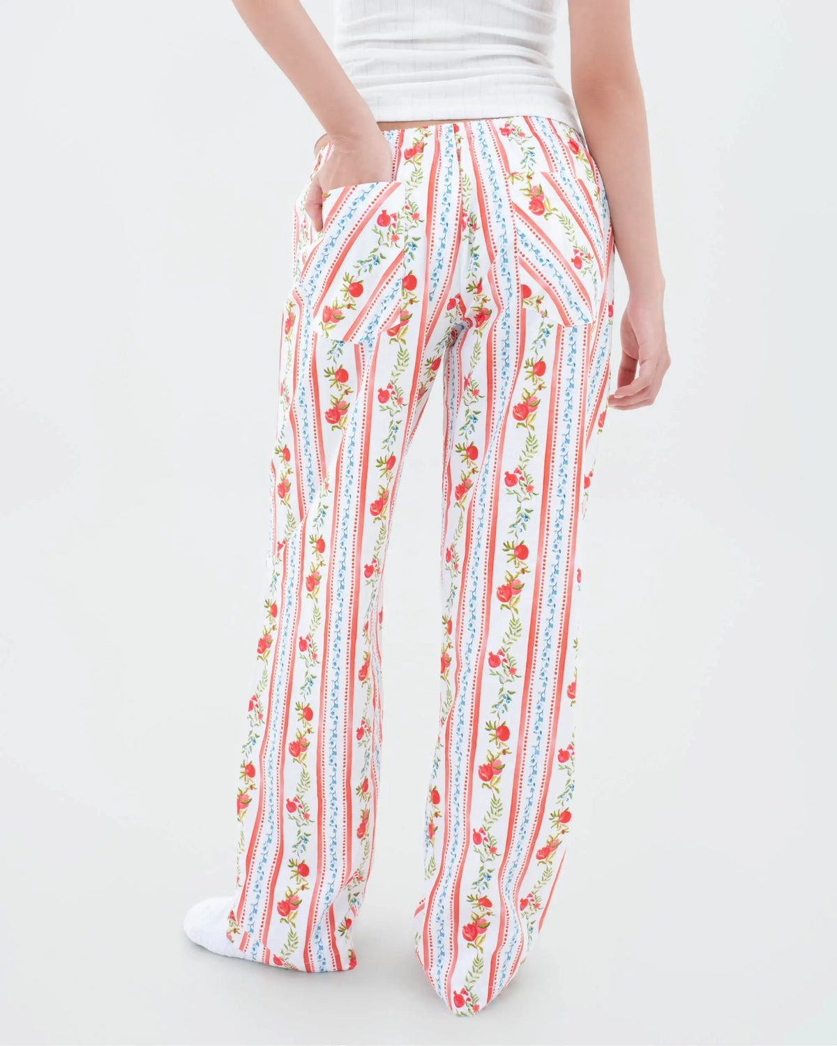 Three-quarter back view of pomegranate print stripe pyjama bottoms with a patch pocket