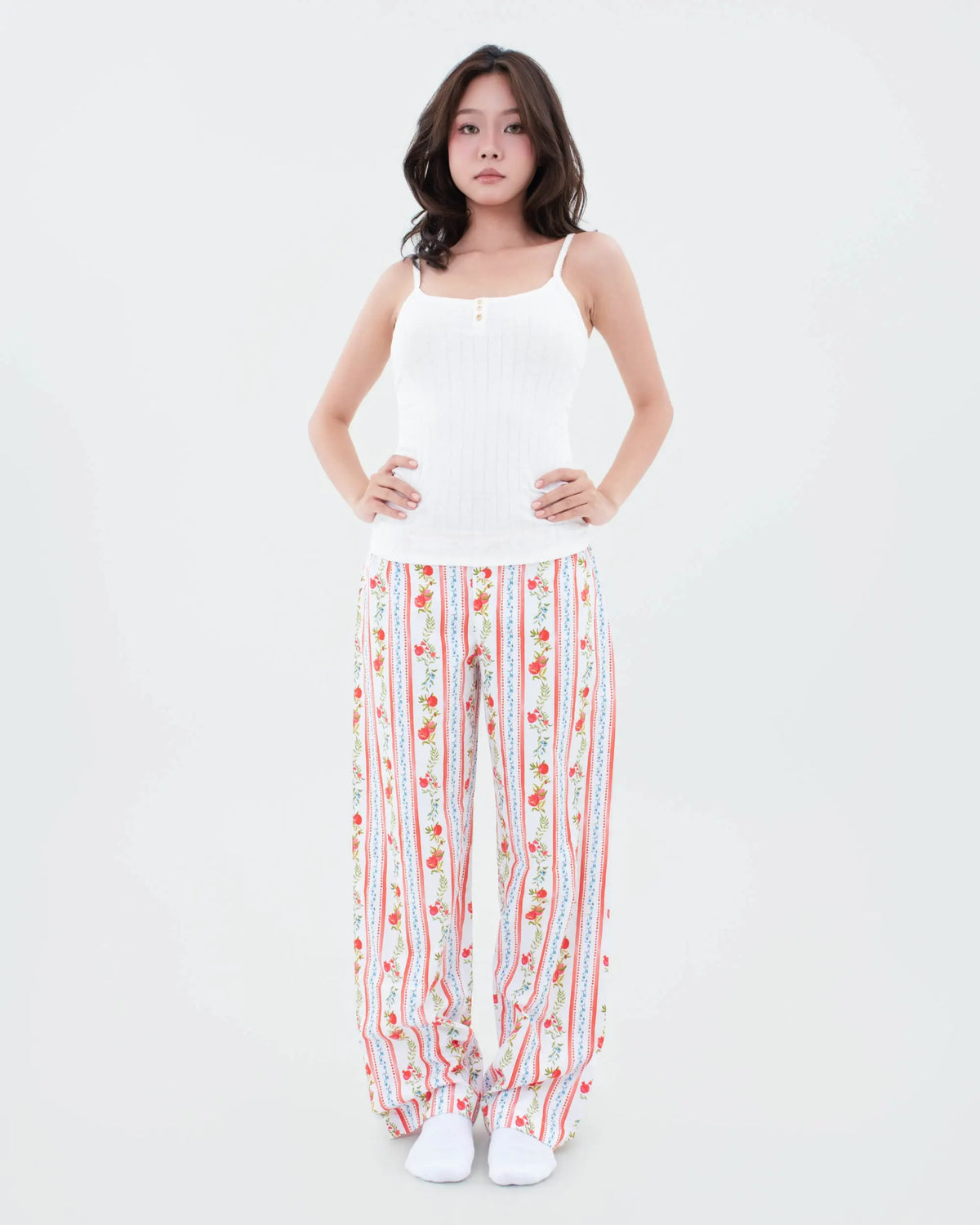 Front view of SleepyPants Seamless Low Rise pomegranate print stripe cotton poplin pyjama bottoms