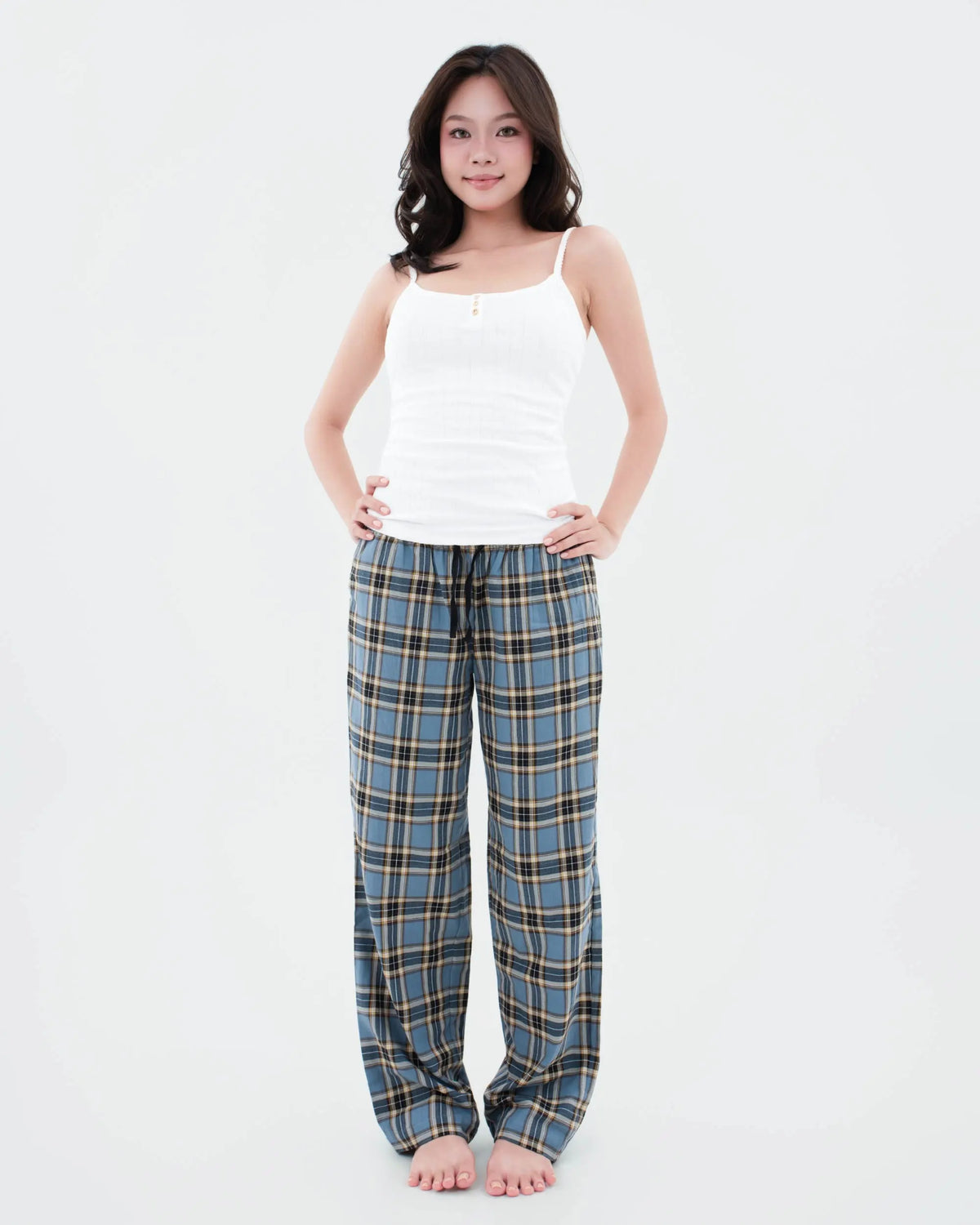 Front view of SleepyPants Classic Low Rise slate blue tartan plaid cotton pyjama bottoms