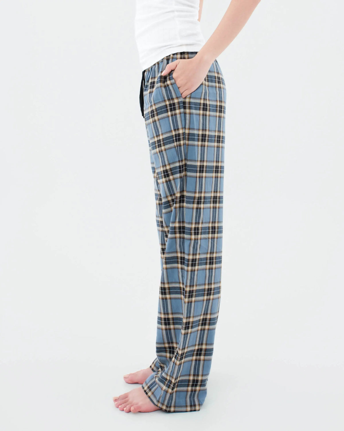 Side view showing the low-rise waist of SleepyPants slate blue tartan plaid pyjama bottoms