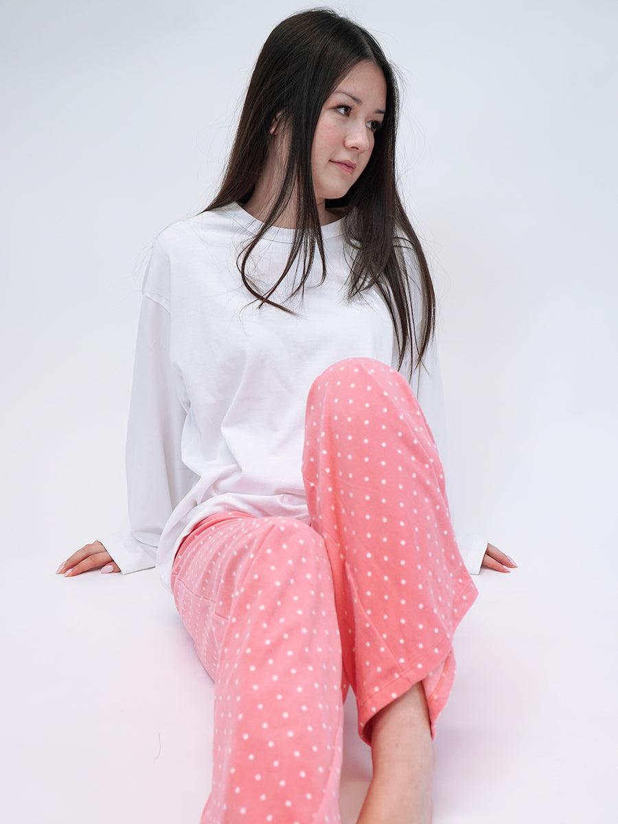 HIGH-RISE WIDE-LEG Pyjama Bottom in Peach Polka Dot